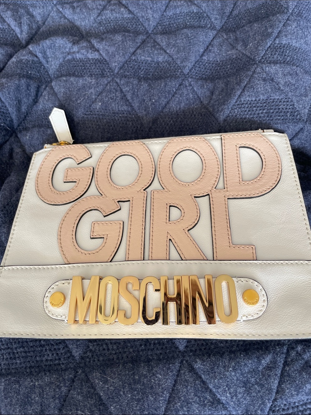 Moschino White Leather Clutch with Pink Appliqué and Gold Logo